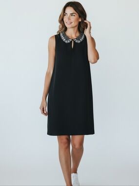 Badgley Mischka Studio Dress S Jeweled Peter Pan Collar Black Sleeveless Shift